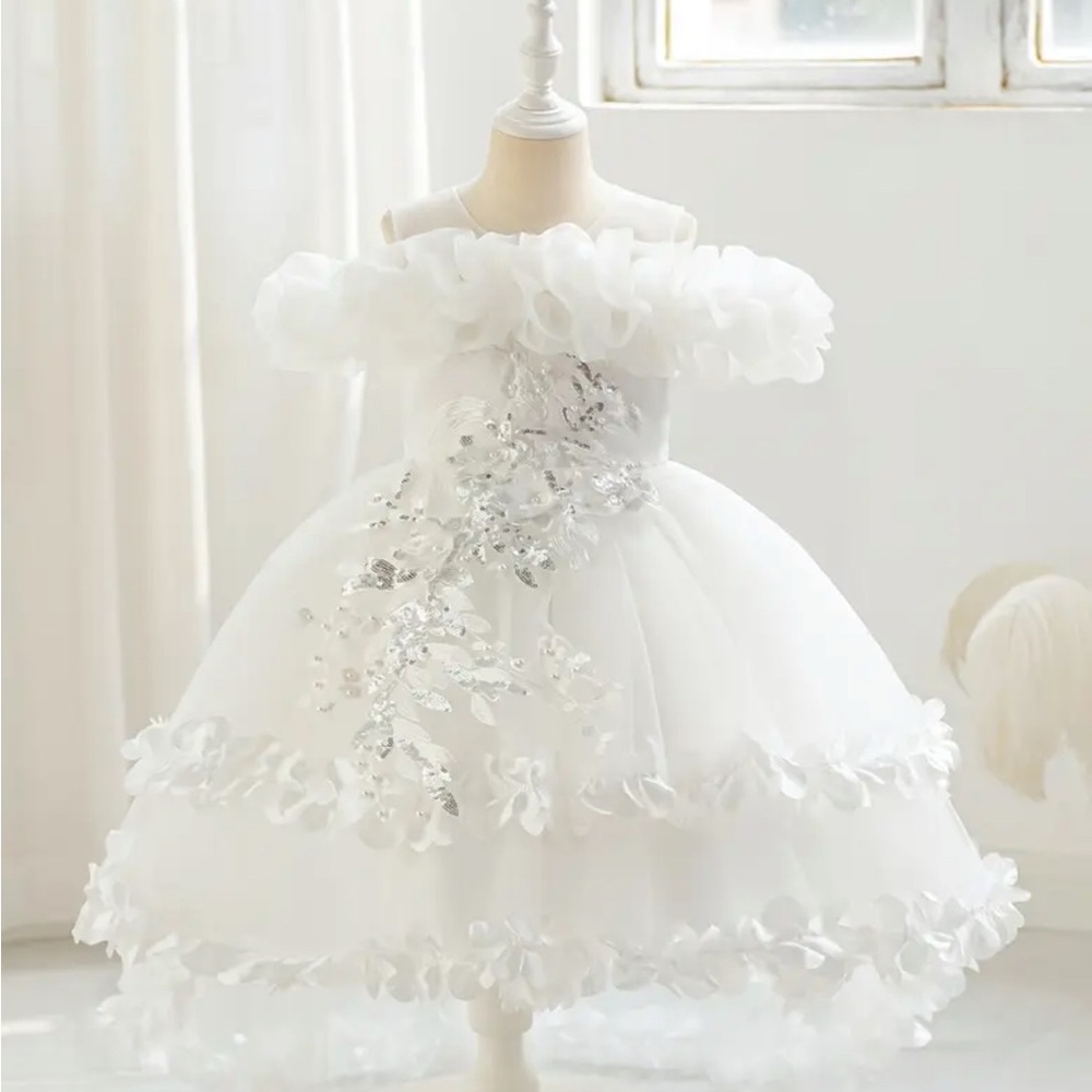 Handmade Elegant White Flower Girl princess Dress with Silver Accents